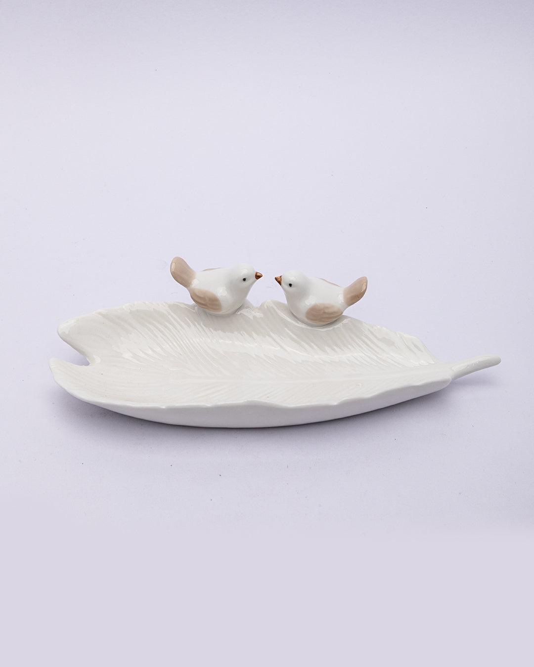 Jewellery Holder Tray, Crafted Bird, for Dressing Table, Ring Dash, Rectangular, White, Ceramic - MARKET 99