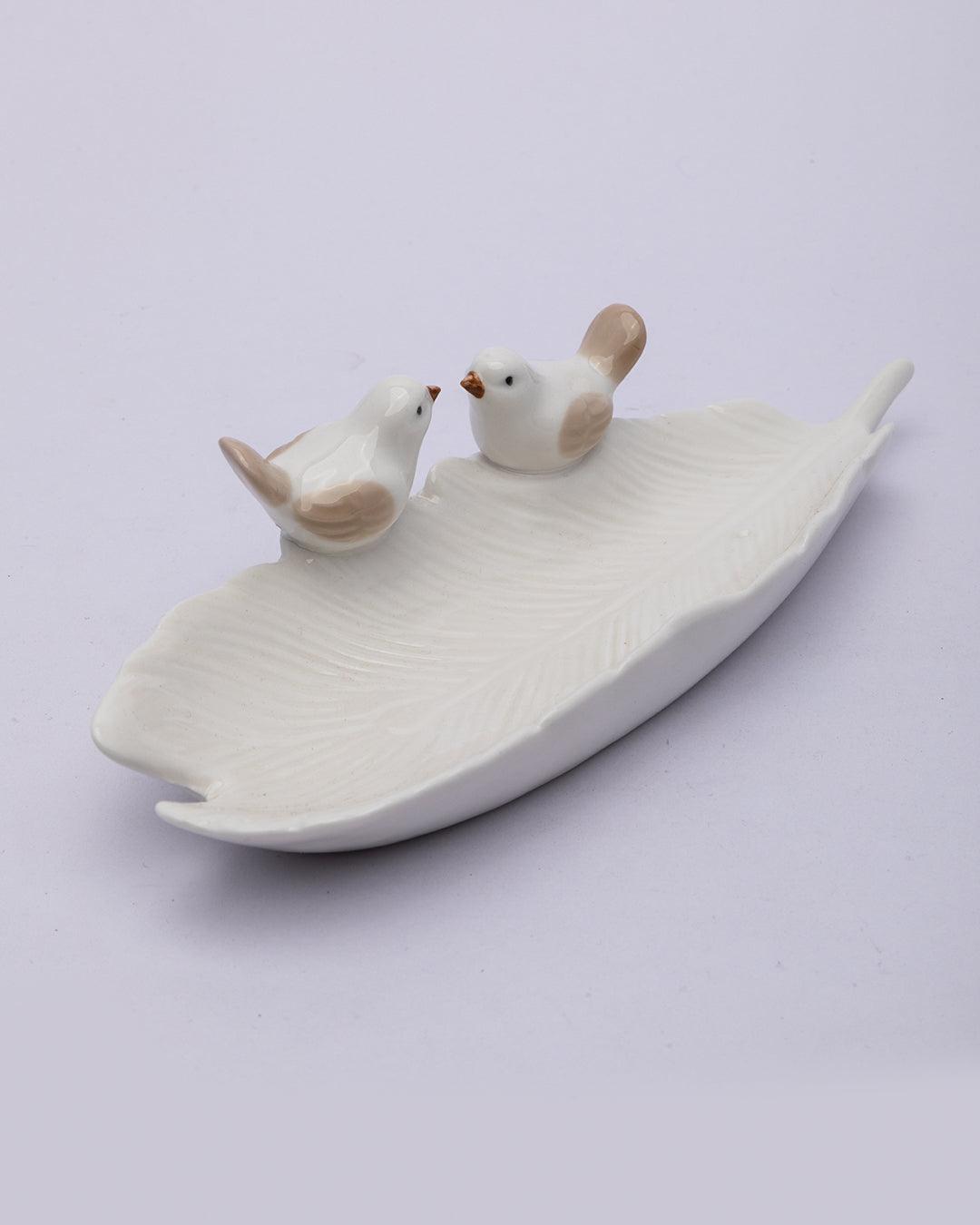 Jewellery Holder Tray, Crafted Bird, for Dressing Table, Ring Dash, Rectangular, White, Ceramic - MARKET 99