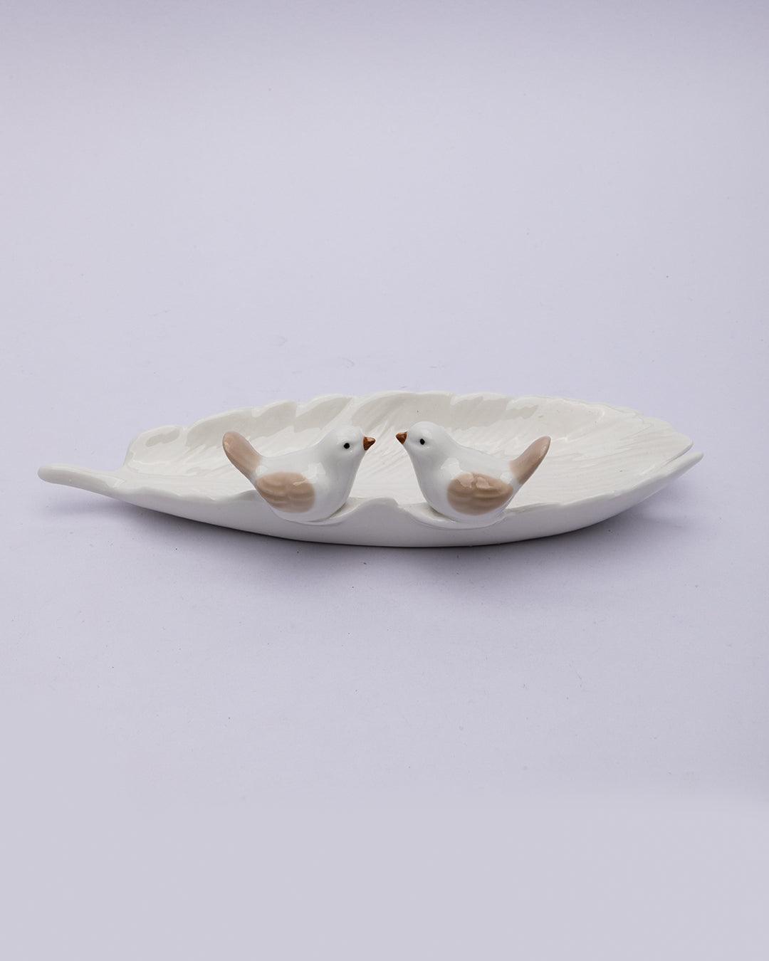 Jewellery Holder Tray, Crafted Bird, for Dressing Table, Ring Dash, Rectangular, White, Ceramic - MARKET 99