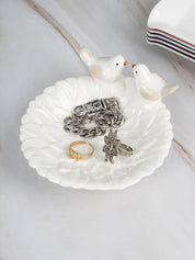 Jewellery Holder Tray, Crafted Bird, for Dressing Table, Ring Dash, Round, White, Ceramic - MARKET 99