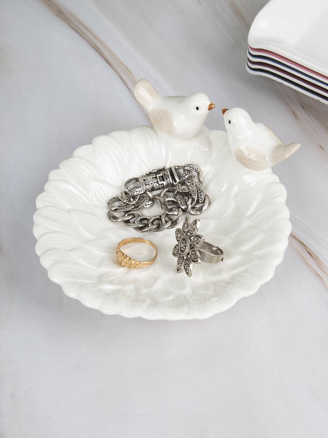 Jewellery Holder Tray, Crafted Bird, for Dressing Table, Ring Dash, Round, White, Ceramic - MARKET 99