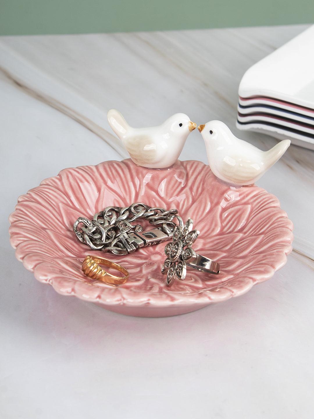 Jewellery Holder Tray, Crafted Bird, for Dressing Table, Ring Dash, Round, White, Ceramic - MARKET 99