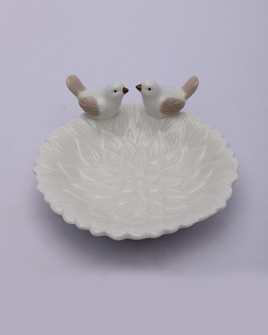 Jewellery Holder Tray, Crafted Bird, for Dressing Table, Ring Dash, Round, White, Ceramic - MARKET 99