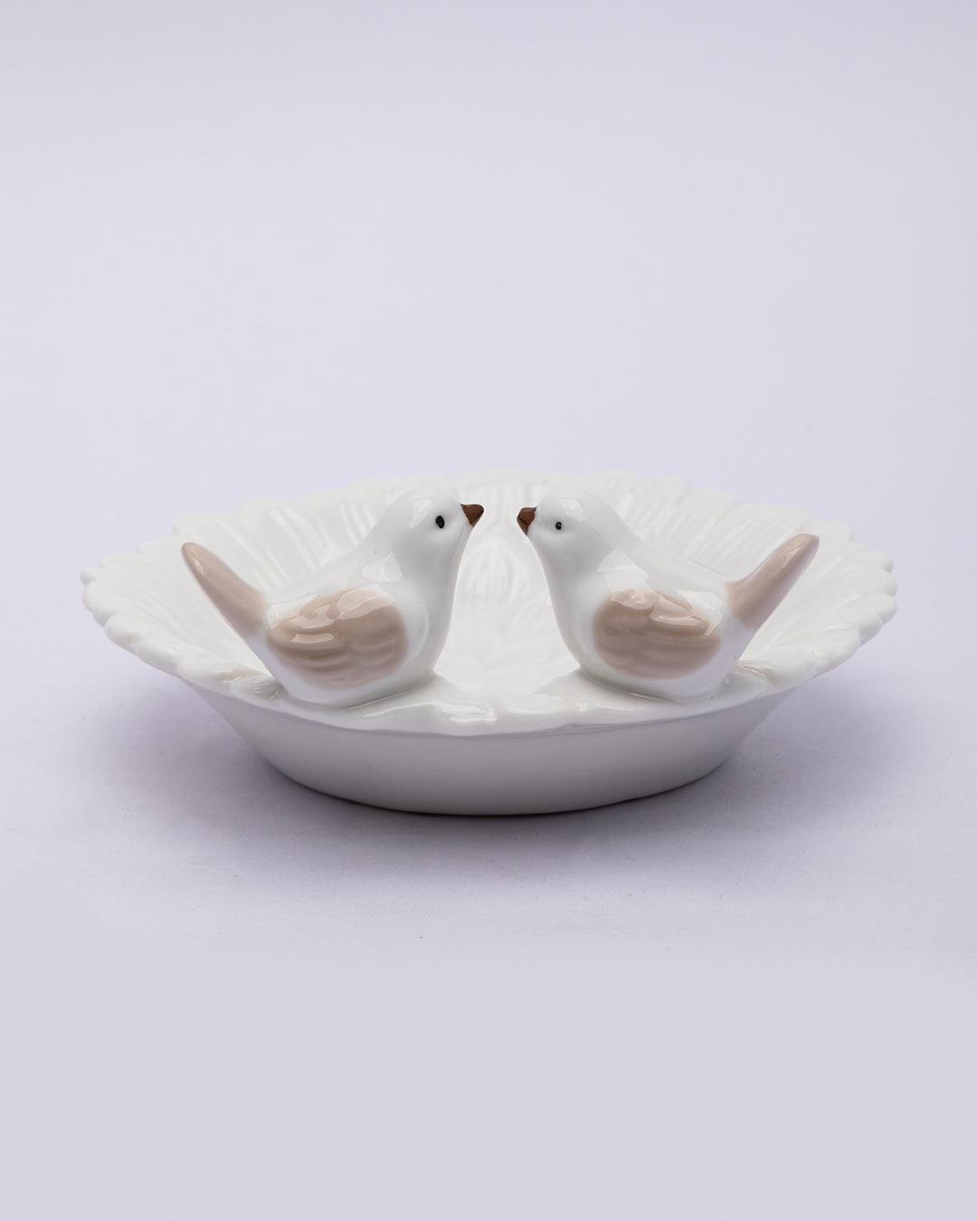 Jewellery Holder Tray, Crafted Bird, for Dressing Table, Ring Dash, Round, White, Ceramic - MARKET 99