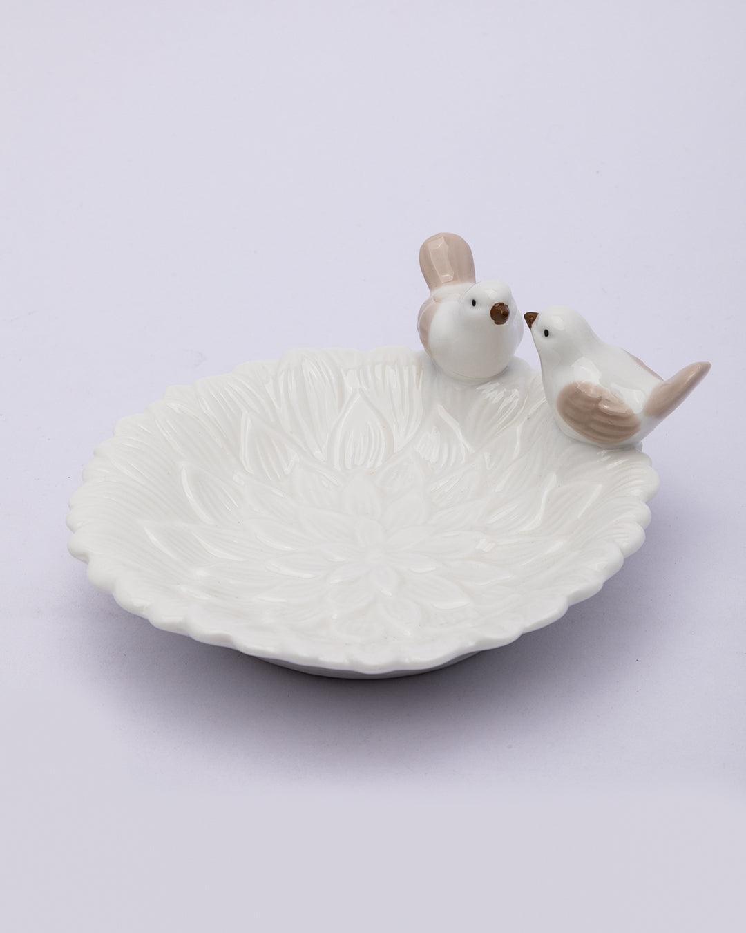 Jewellery Holder Tray, Crafted Bird, for Dressing Table, Ring Dash, Round, White, Ceramic - MARKET 99