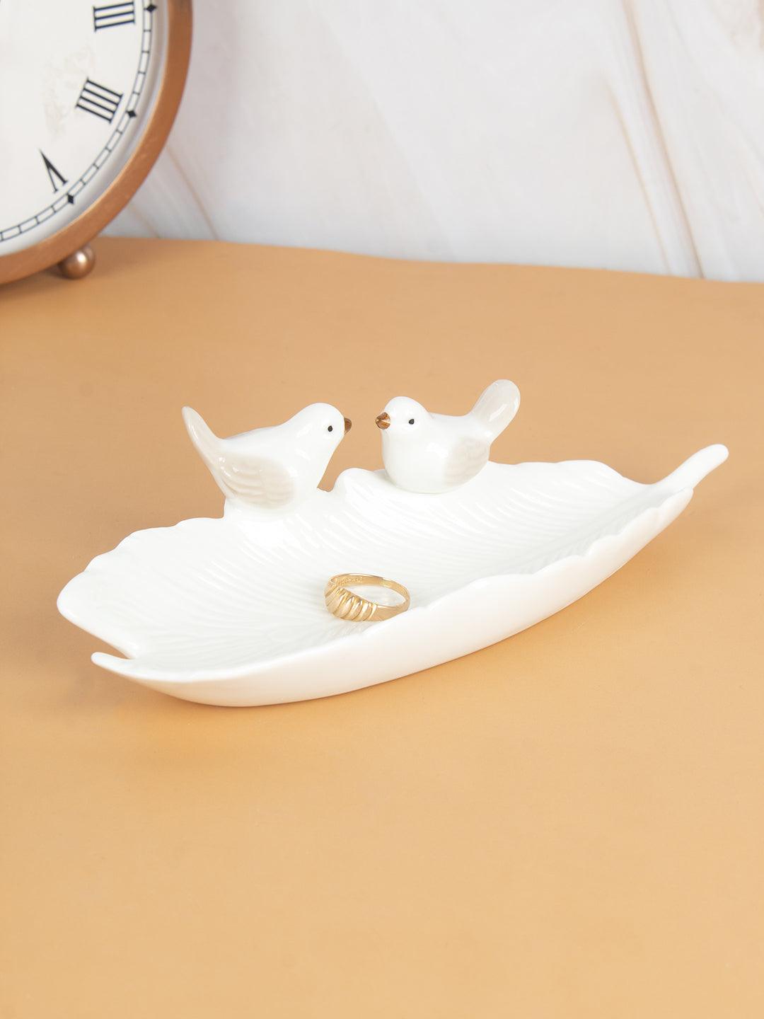 Jewellery Holder Tray, Crafted Bird, for Dressing Table, Ring Dash, Triangle, White, Ceramic, - MARKET 99