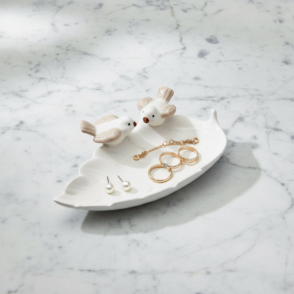 Jewellery Holder Tray, Crafted Bird, for Dressing Table, Ring Dash, Triangle, White, Ceramic, - MARKET 99