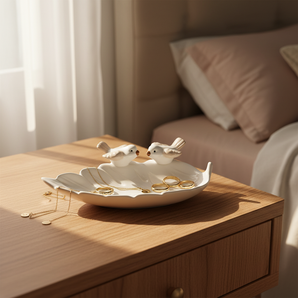 Jewellery Holder Tray, Crafted Bird, for Dressing Table, Ring Dash, Triangle, White, Ceramic,