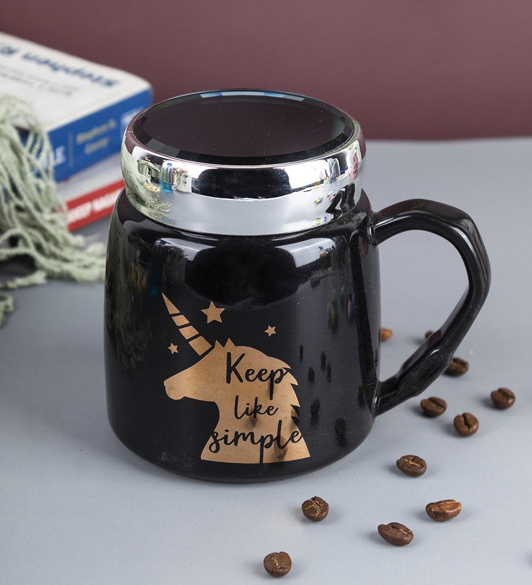 'Keep Like Simple' Coffee Mug With Lid - Black, 360Ml - MARKET 99