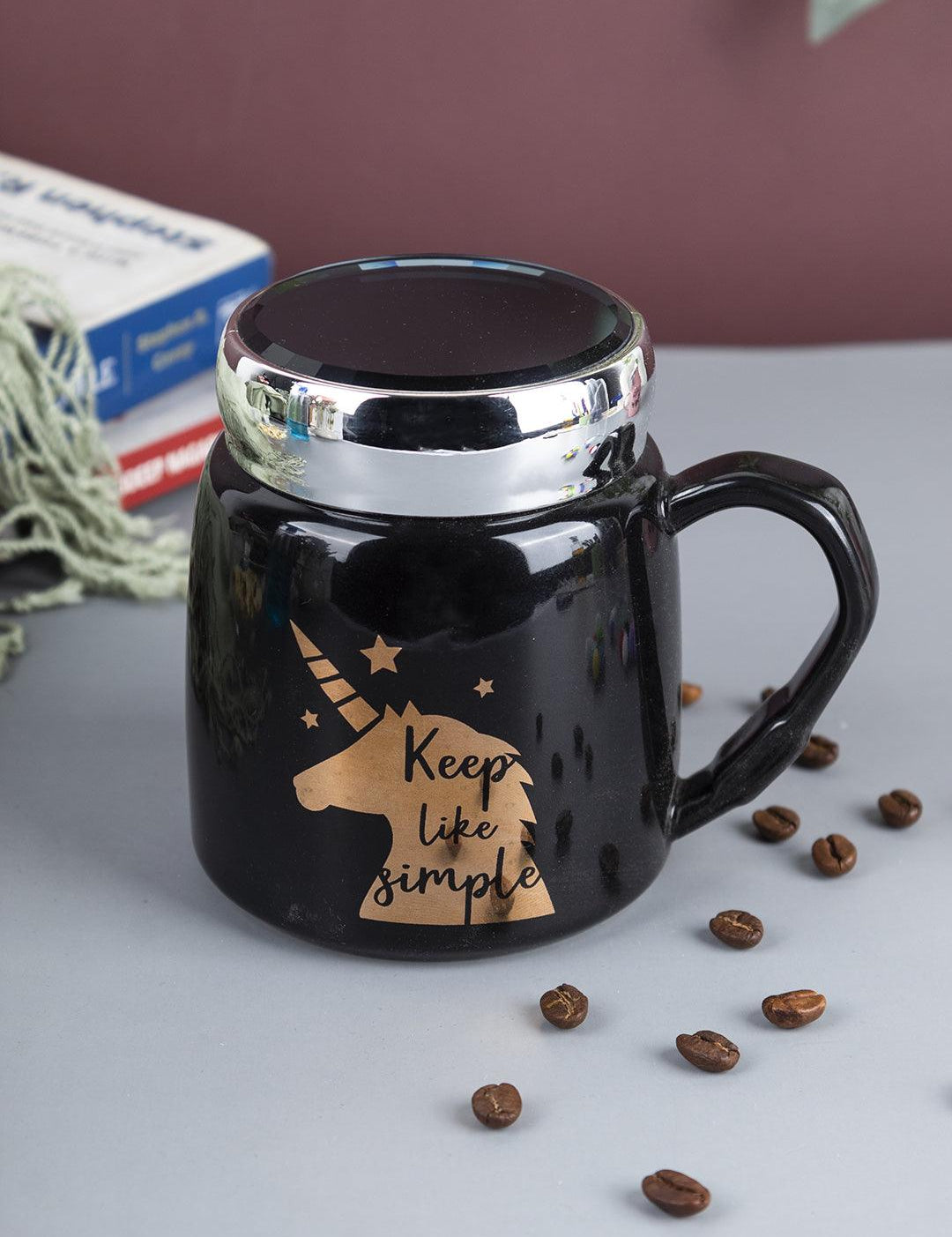 'Keep Like Simple' Coffee Mug With Lid - Black, 360Ml - MARKET 99