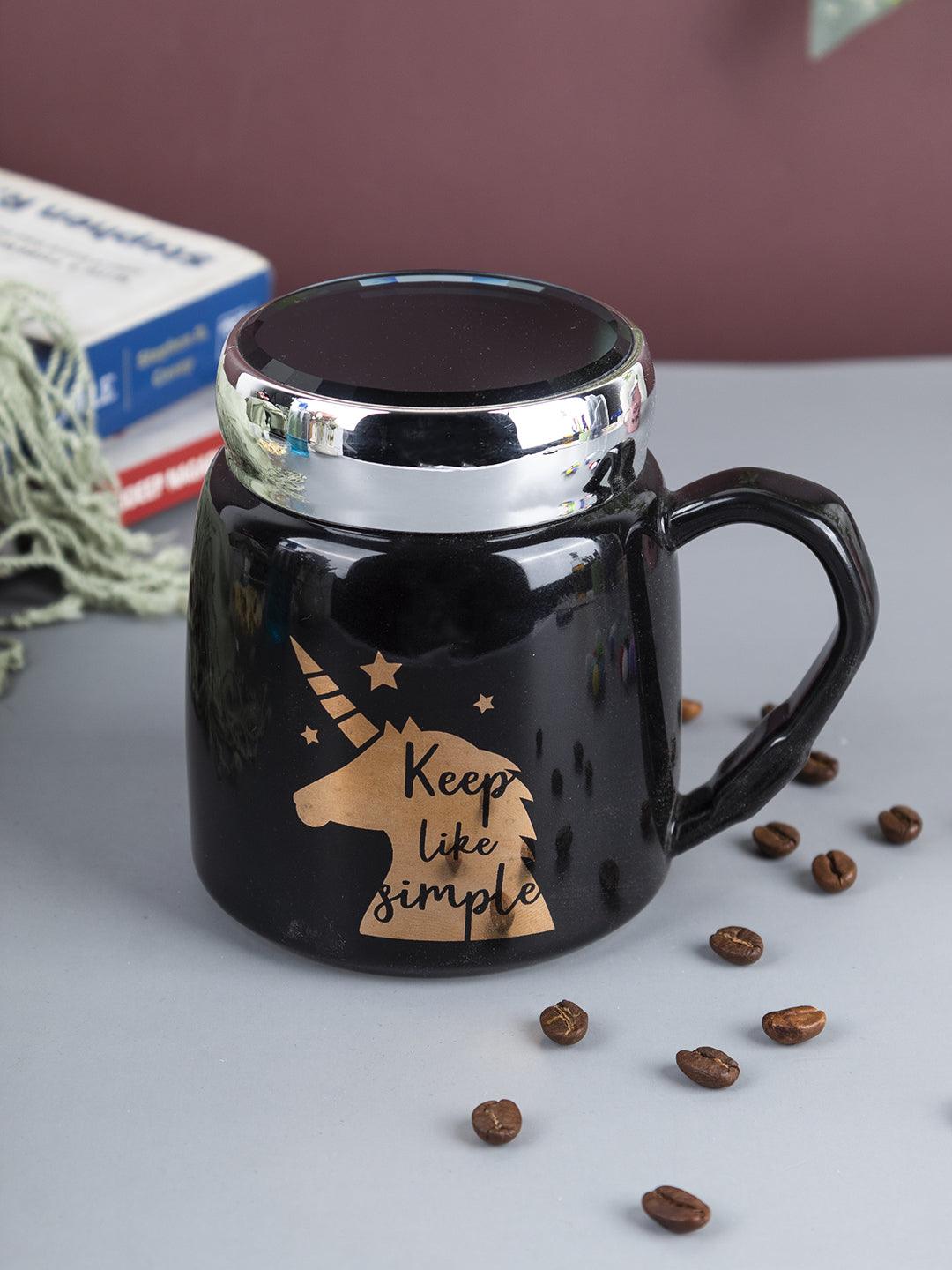 'Keep Like Simple' Coffee Mug With Lid - Black, 360Ml - MARKET 99