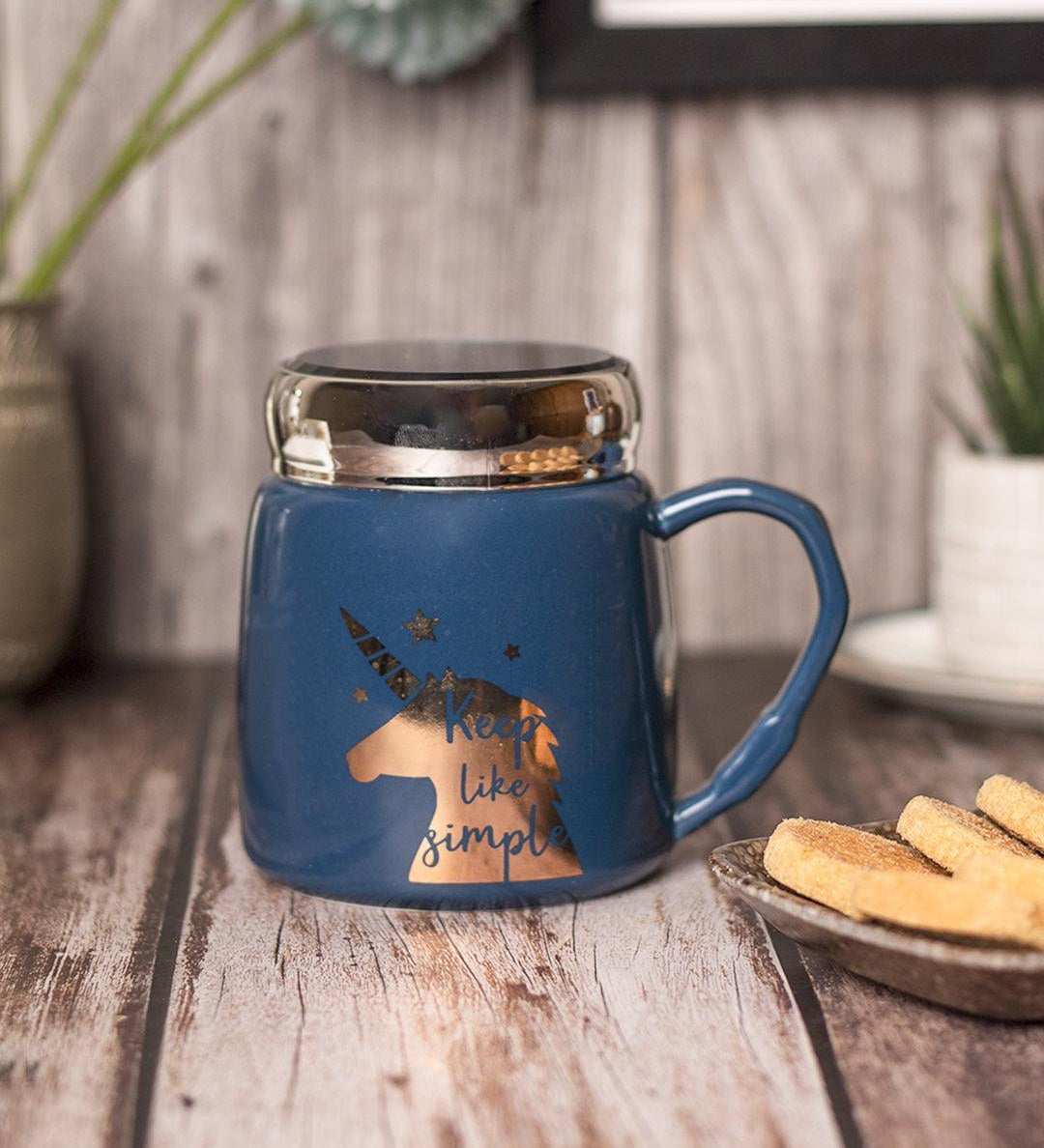 Keep Like Simple' Coffee Mug With Lid - Blue, 360Ml - MARKET 99