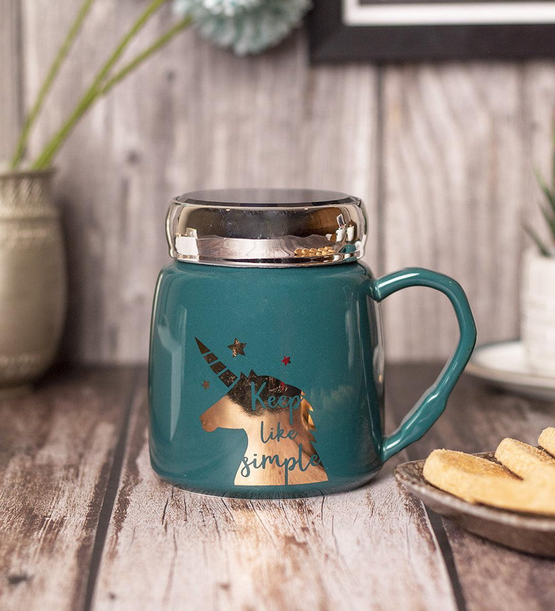 Keep Like Simple' Coffee Mug With Lid - Sea Green, 360Ml - MARKET 99