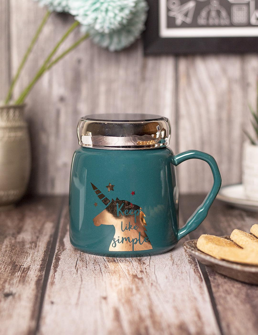 Keep Like Simple' Coffee Mug With Lid - Sea Green, 360Ml - MARKET 99