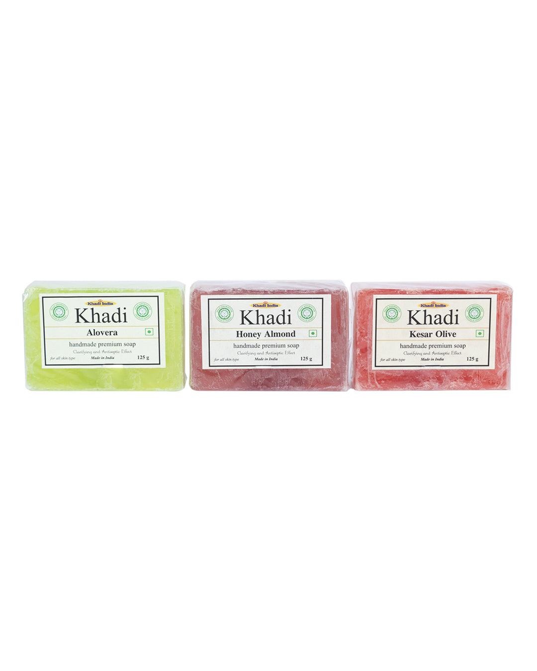 Khadi Kesar Bar + Khadi Honey & Almond Bar + Khadi Aloe Vera Bar ( Pack Of 3 , Each 125g ) - MARKET 99