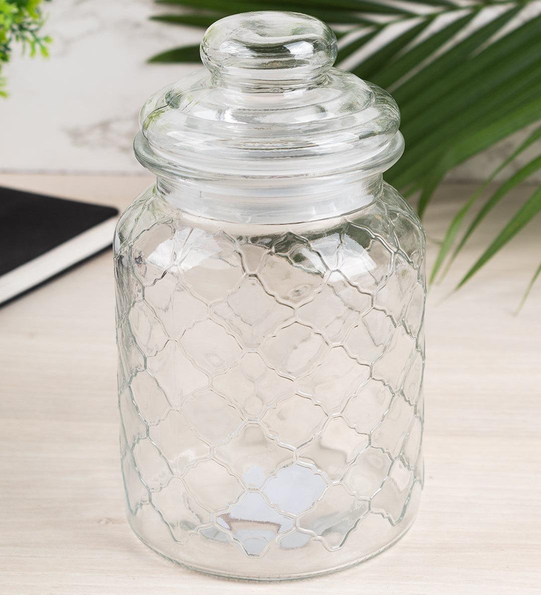 Kitchen Jar with Lid, Transparent (Grid Pattern), Glass, 600 mL - MARKET 99