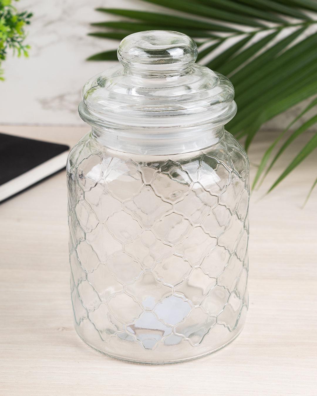 Kitchen Jar with Lid, Transparent (Grid Pattern), Glass, 600 mL - MARKET 99