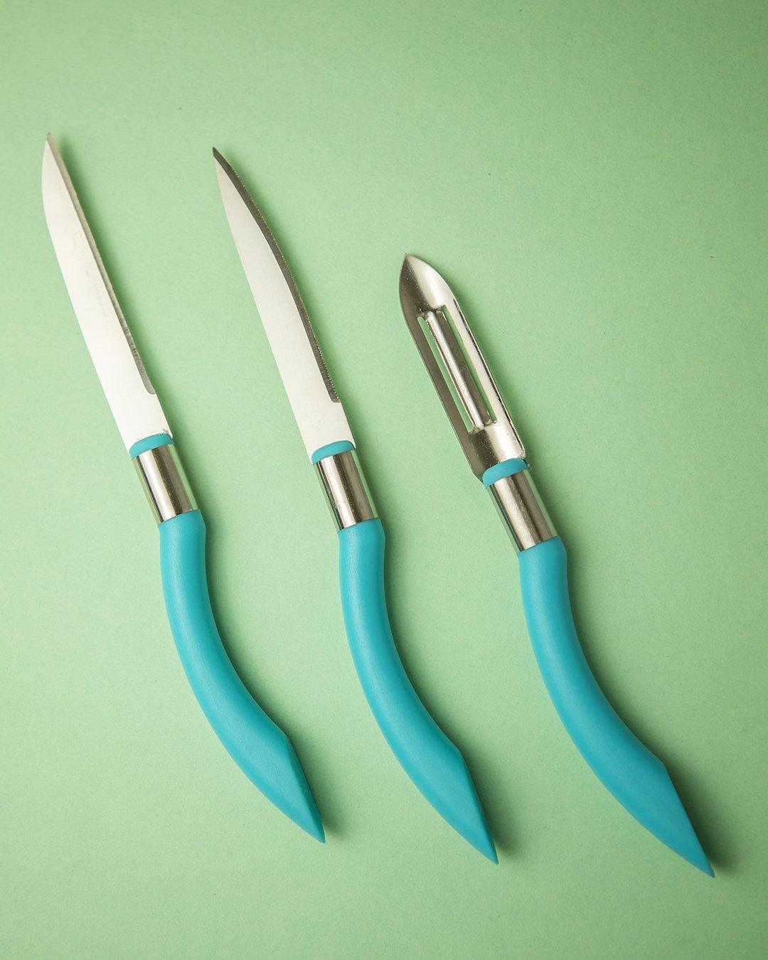 Kitchen Knife and Peeler, Blue, Stainless Steel, Set of 3 - MARKET 99