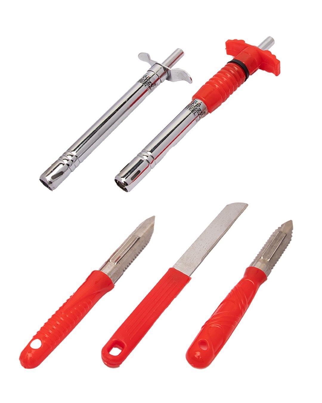 Kitchen Utility Set, Kitchen Tools, Red & Silver, Stainless Steel, Set of 5 - MARKET 99