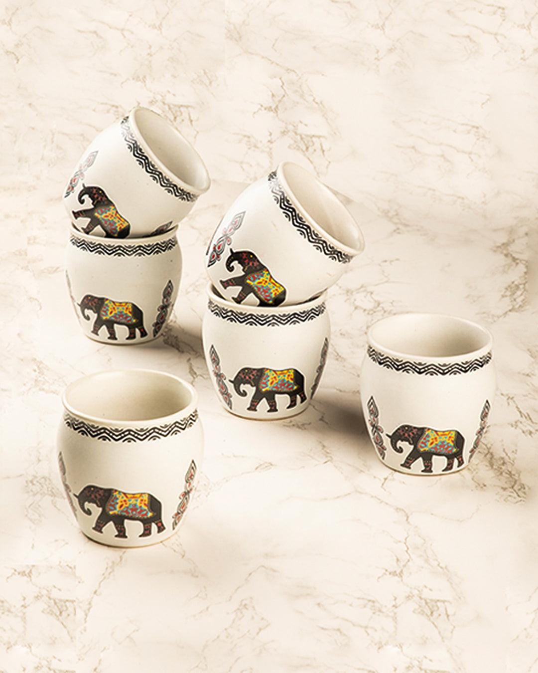 Kulhads, Hand Painted, Handmade, Indian Traditional Style Kulhad, Off White Colour, Ceramic, Set of 6, 130 mL - MARKET 99