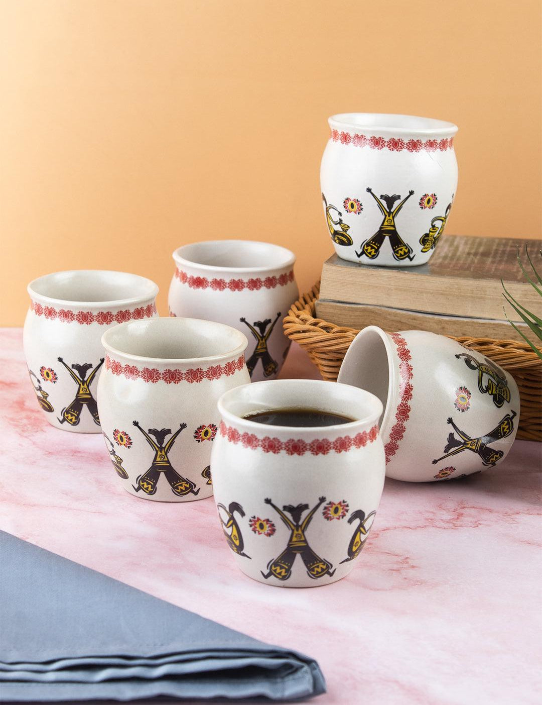 Kulhads, Hand Painted, Handmade, Indian Traditional Style Kulhad, Off White Colour, Ceramic, Set of 6, 130 mL - MARKET 99