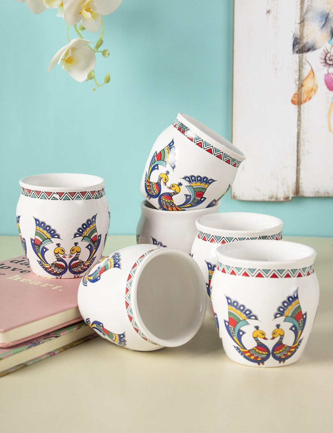 Kulhads, Hand Painted, Handmade, Indian Traditional Style Kulhad, Off White Colour, Ceramic, Set of 6, 130 mL - MARKET 99