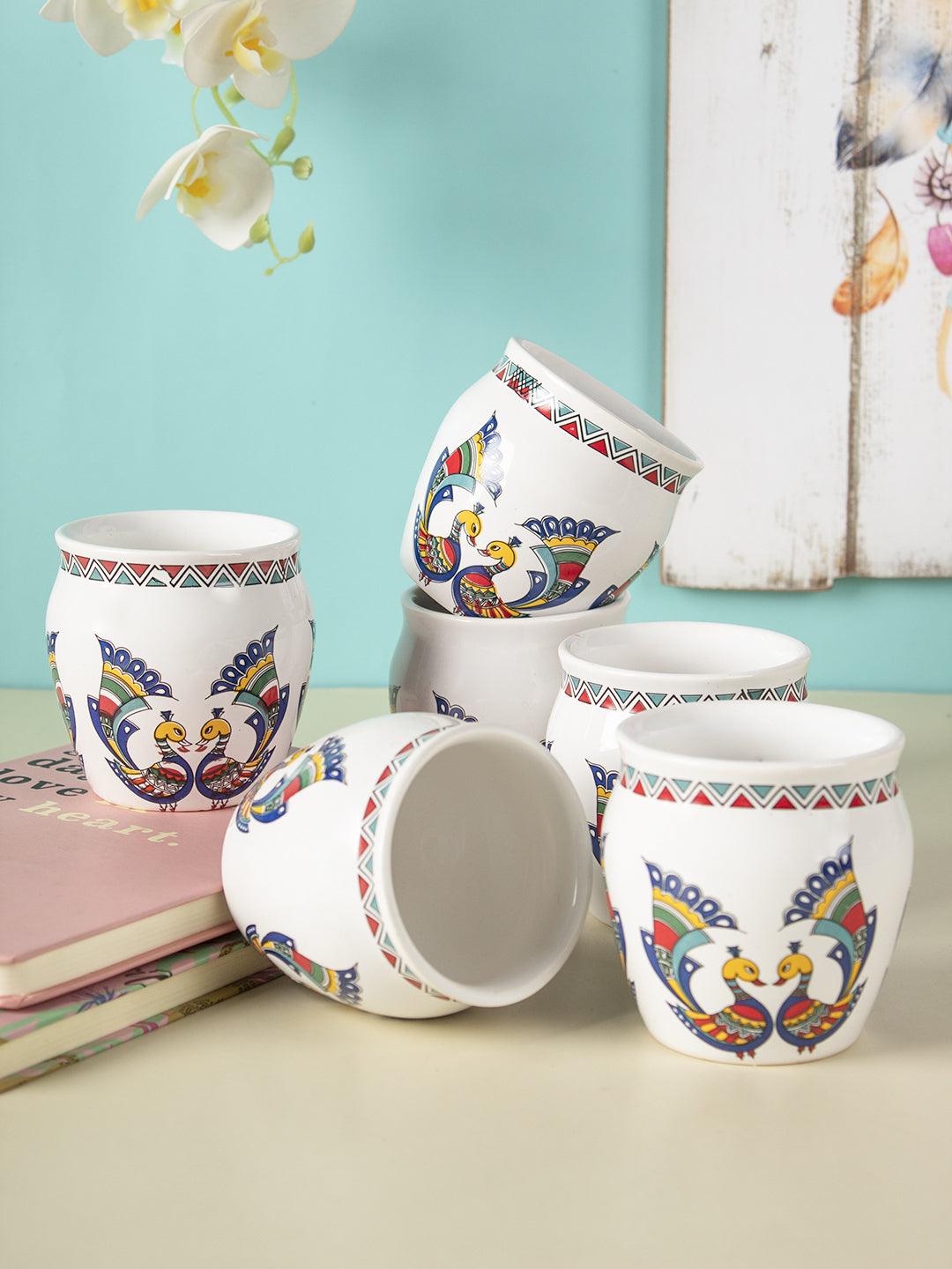 Kulhads, Hand Painted, Handmade, Indian Traditional Style Kulhad, Off White Colour, Ceramic, Set of 6, 130 mL - MARKET 99