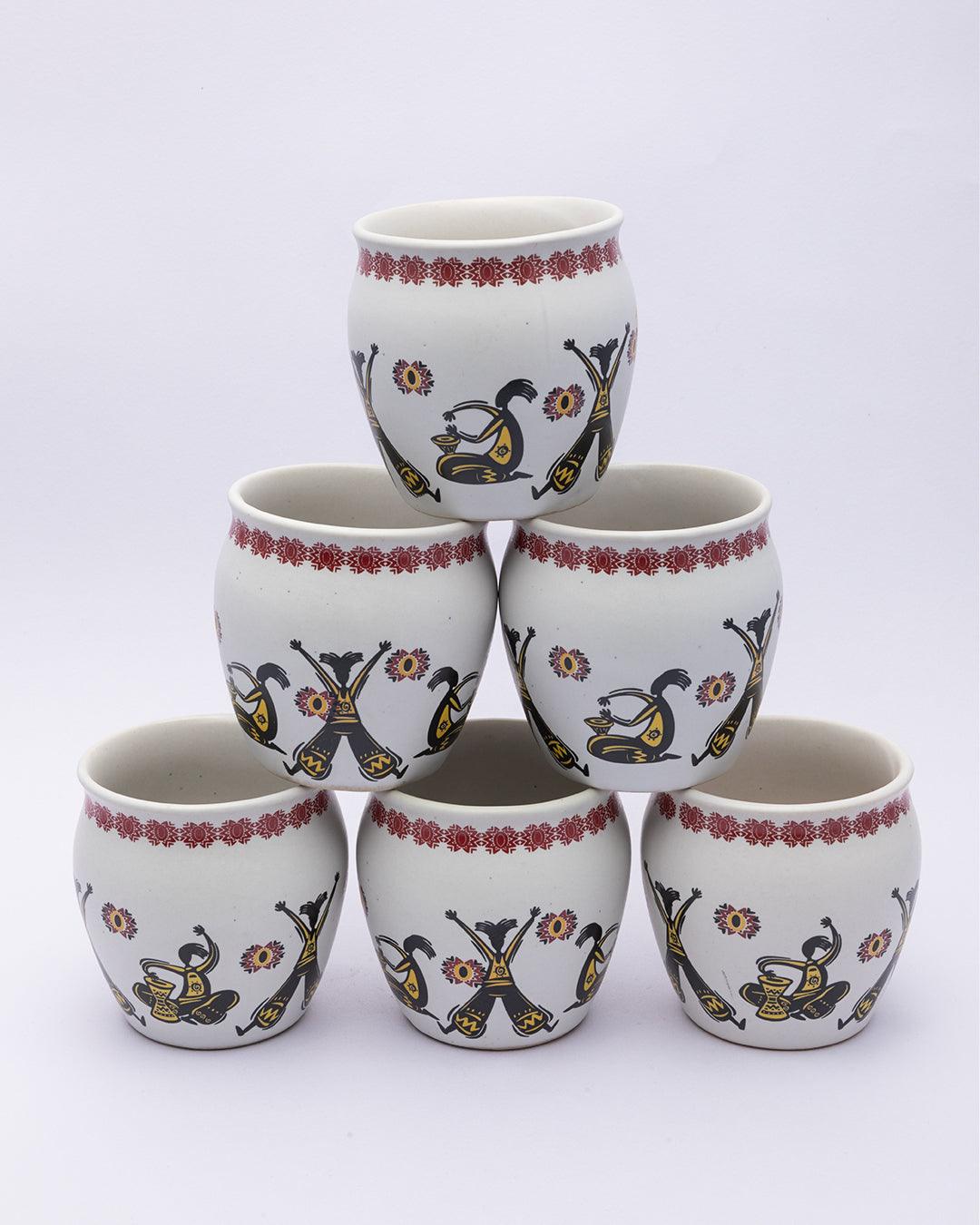 Kulhads, Hand Painted, Handmade, Indian Traditional Style Kulhad, Off White Colour, Ceramic, Set of 6, 130 mL - MARKET 99