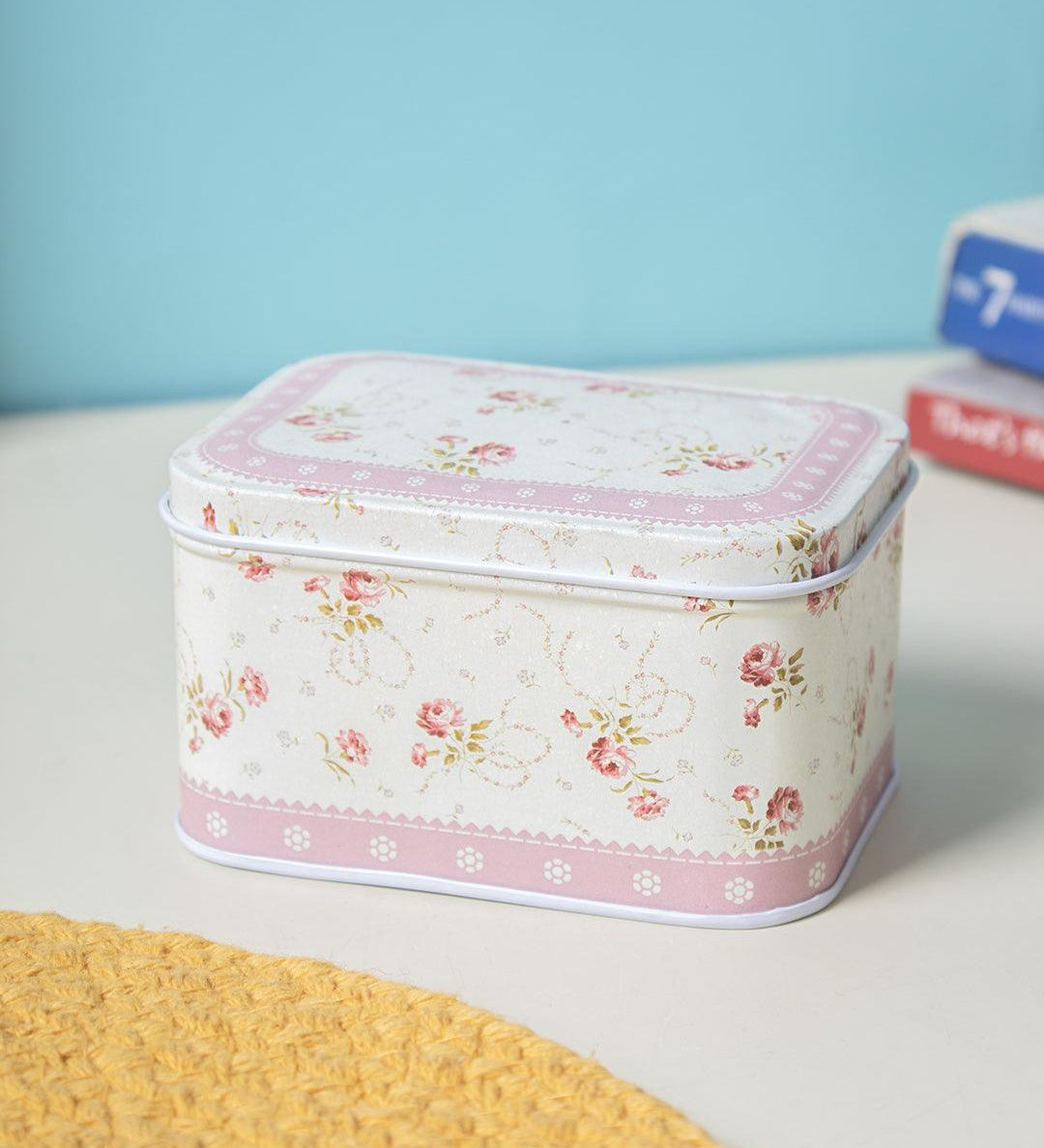 Light Pink Floral Metal Tin Container Box