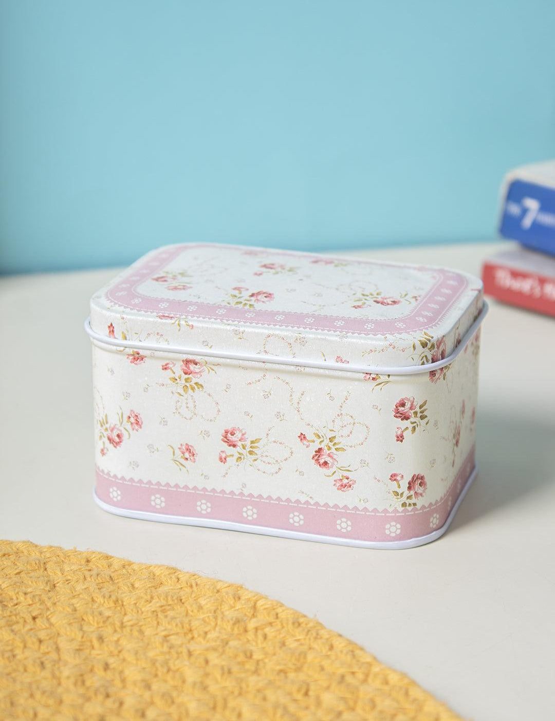 Light Pink Floral Metal Tin Container Box