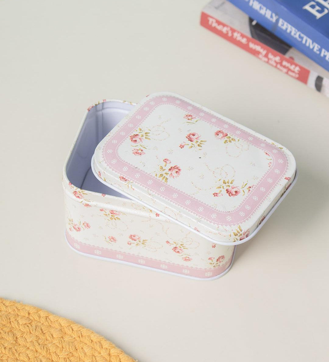 Light Pink Floral Metal Tin Container Box