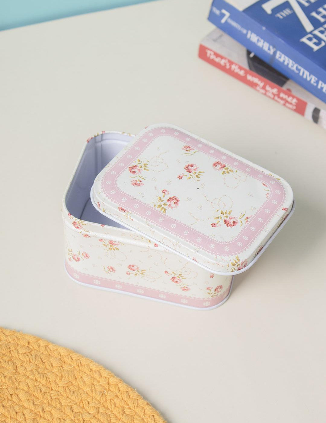 Light Pink Floral Metal Tin Container Box