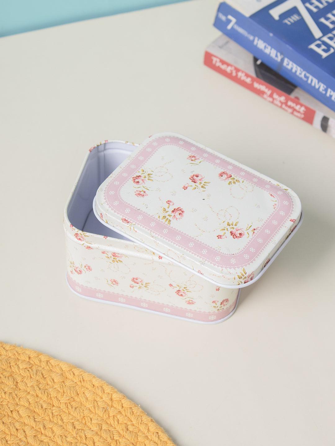 Light Pink Floral Metal Tin Container Box