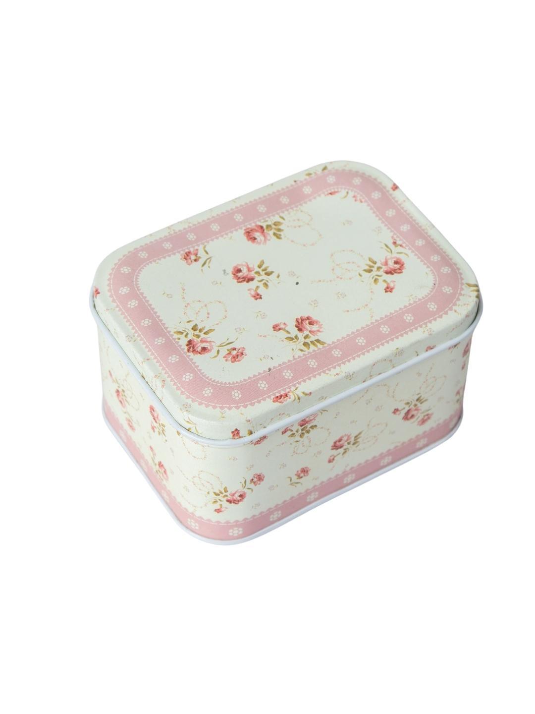 Light Pink Floral Metal Tin Container Box