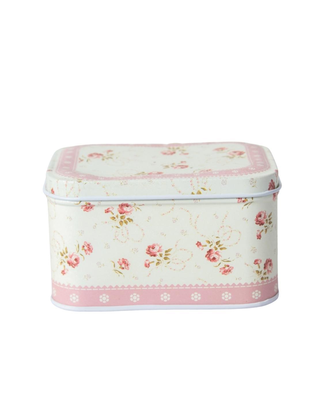 Light Pink Floral Metal Tin Container Box