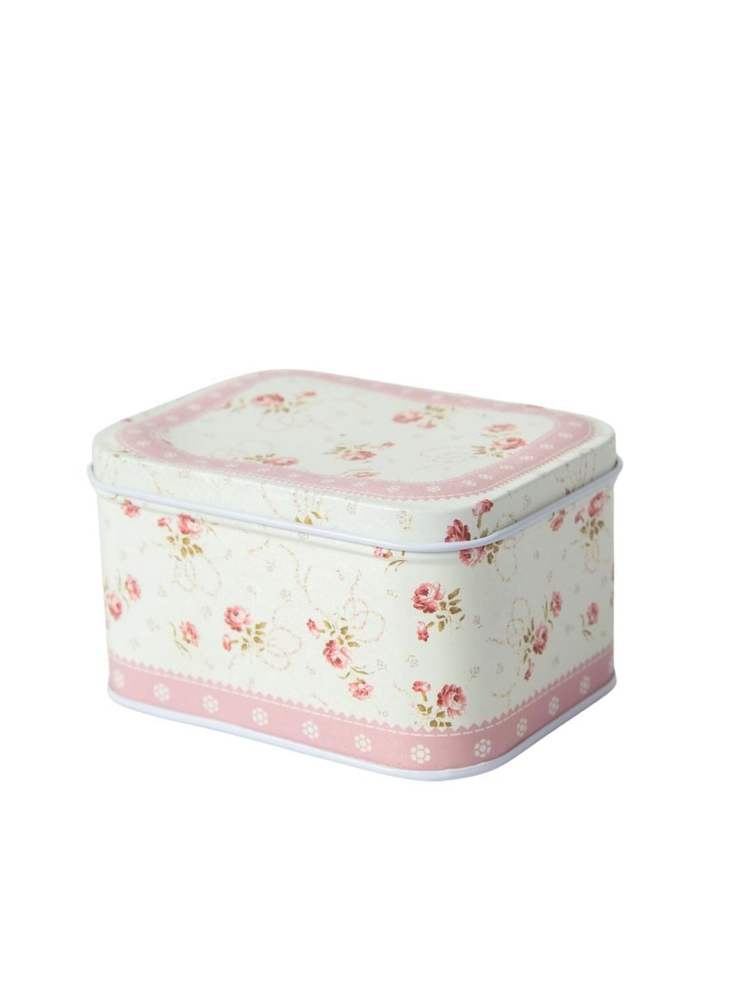 Light Pink Floral Metal Tin Container Box