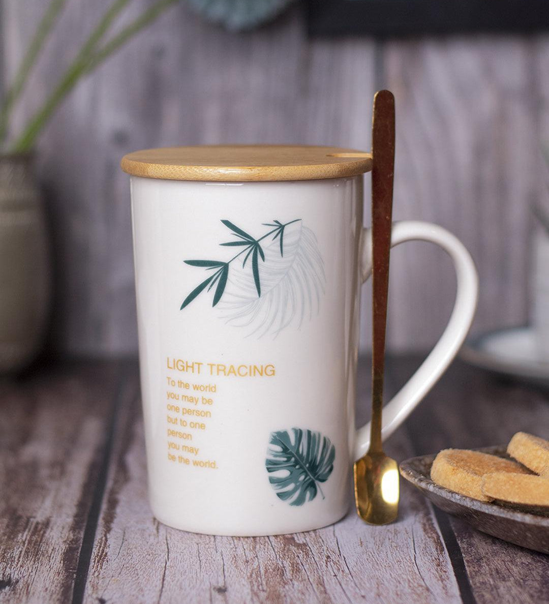 LIGHT TRACING' Coffee Mug With Wooden Lid and Spoon - White, 450mL - MARKET 99