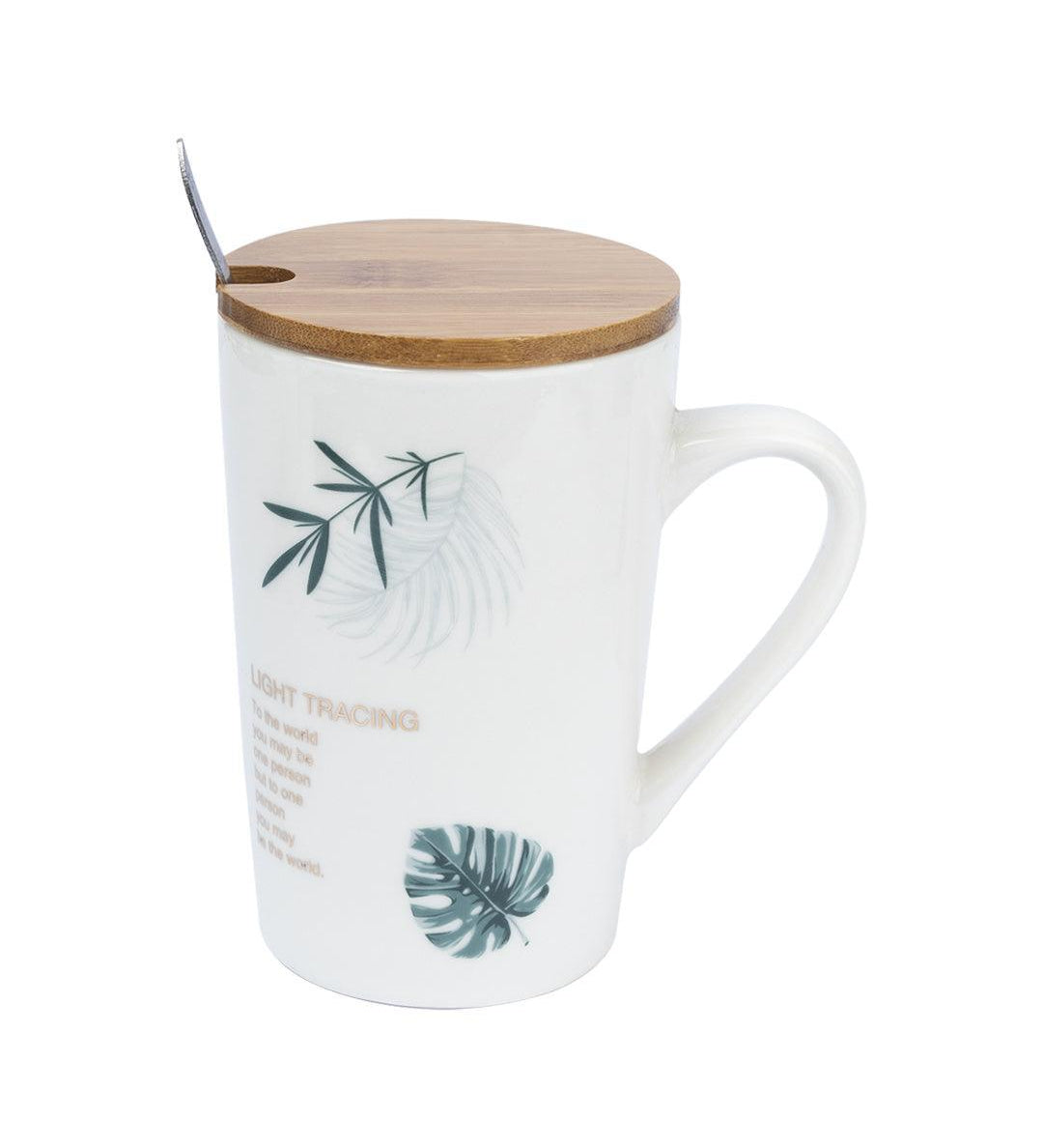 LIGHT TRACING' Coffee Mug With Wooden Lid and Spoon - White, 450mL - MARKET 99