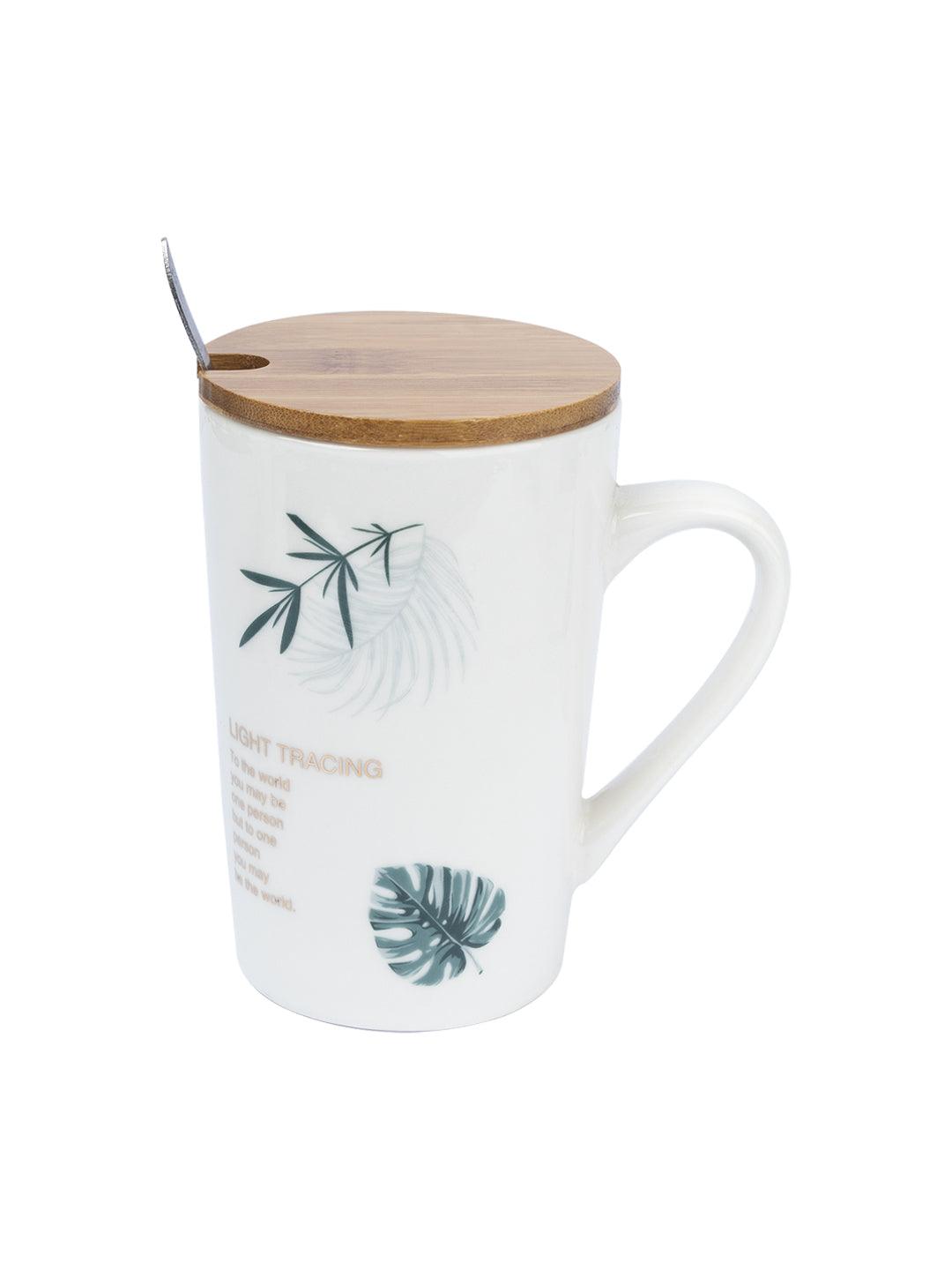 LIGHT TRACING' Coffee Mug With Wooden Lid and Spoon - White, 450mL - MARKET 99