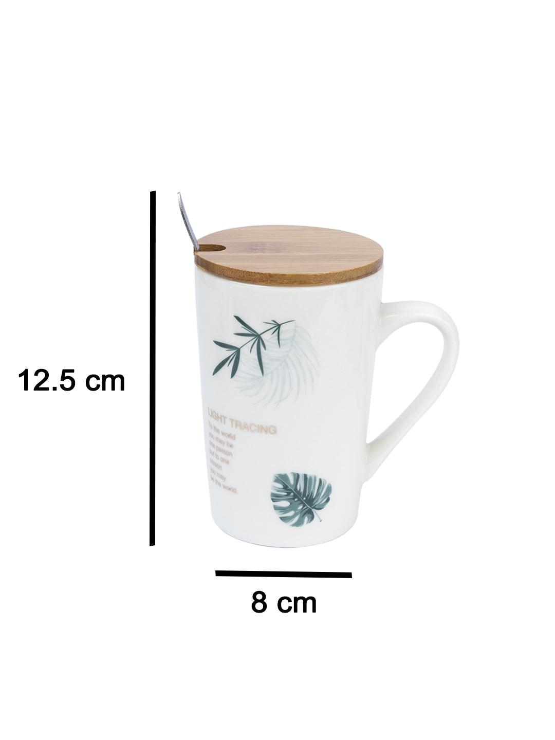 LIGHT TRACING' Coffee Mug With Wooden Lid and Spoon - White, 450mL - MARKET 99