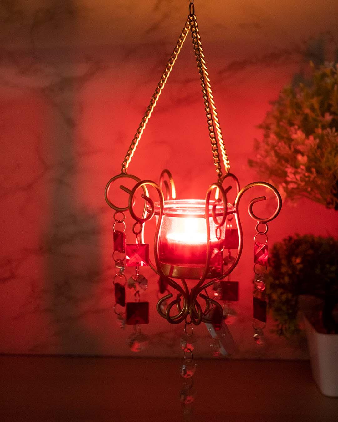 Lighting Hanging Crystal T-Light Holder, Diwali Collection, Red, Iron - MARKET 99