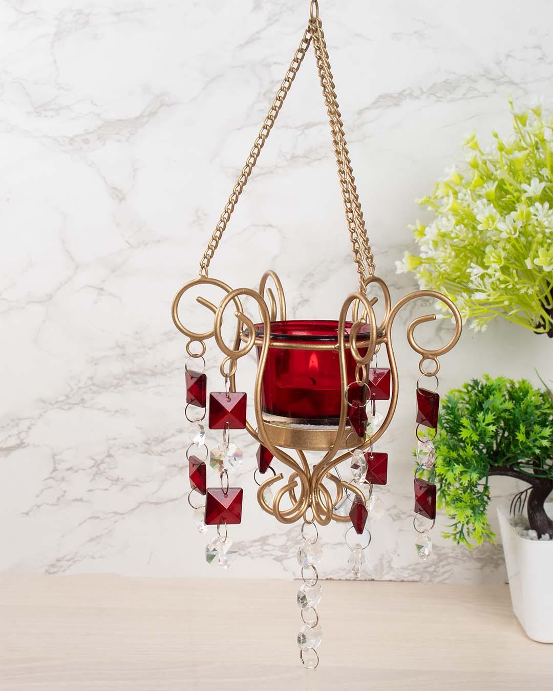 Lighting Hanging Crystal T-Light Holder, Diwali Collection, Red, Iron - MARKET 99