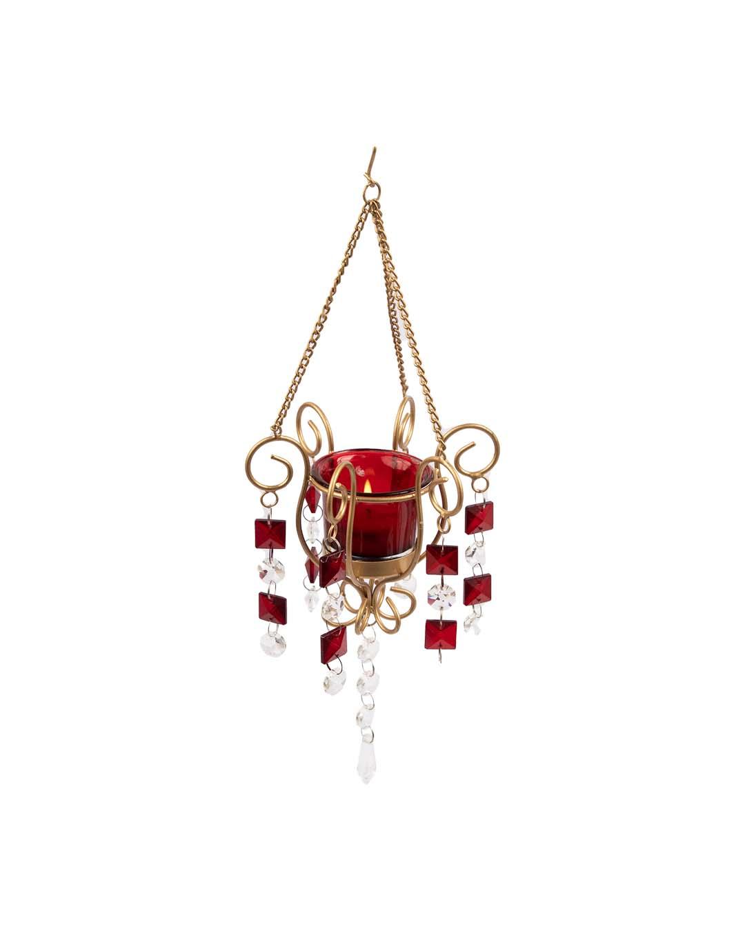 Lighting Hanging Crystal T-Light Holder, Diwali Collection, Red, Iron - MARKET 99