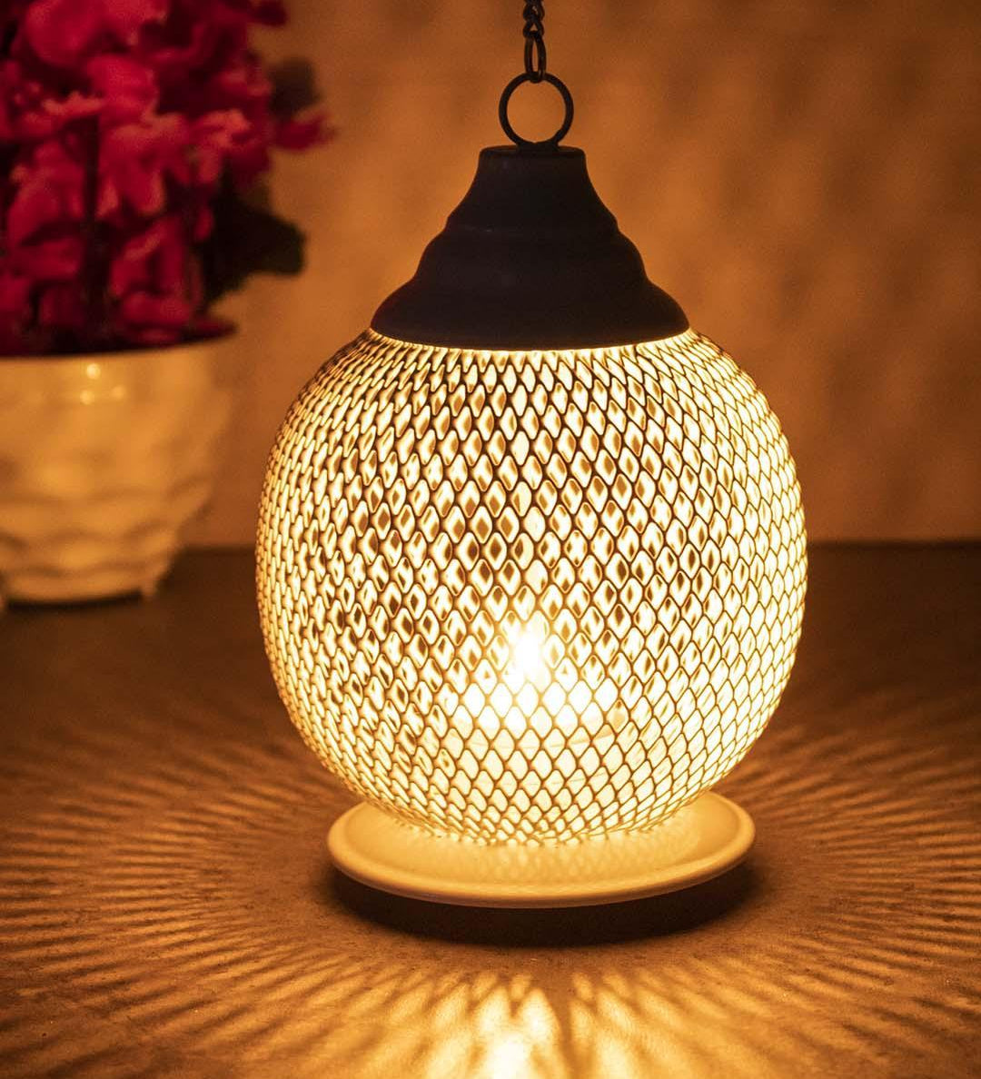 Lighting Hanging T-Light Holder, Diwali Decor, White, Iron - MARKET 99