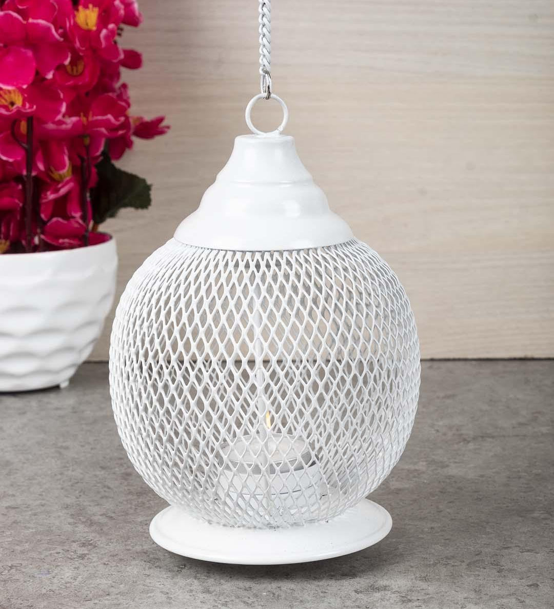 Lighting Hanging T-Light Holder, Diwali Decor, White, Iron - MARKET 99