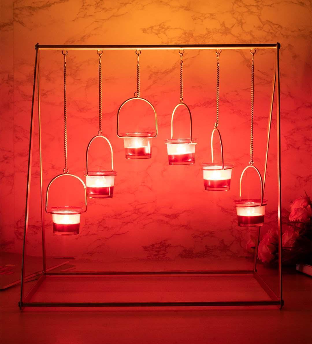 Lighting Hanging Votive T-Light Holder, 6 Votives, Diwali Lighting, Golden Colour, Iron - MARKET 99