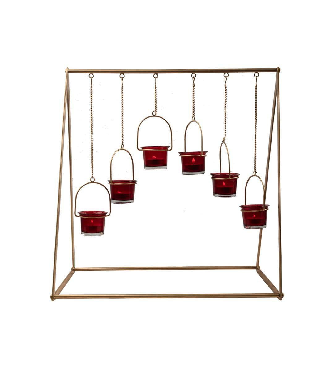 Lighting Hanging Votive T-Light Holder, 6 Votives, Diwali Lighting, Golden Colour, Iron - MARKET 99