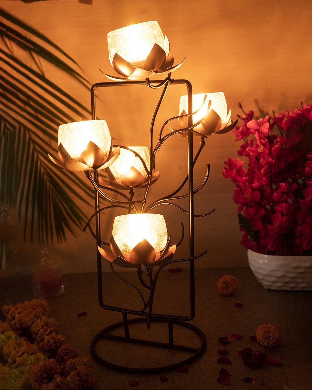 Lighting Lotus T-Light Holder & Stand with 5 Votives, Black & Golden, Iron - MARKET 99