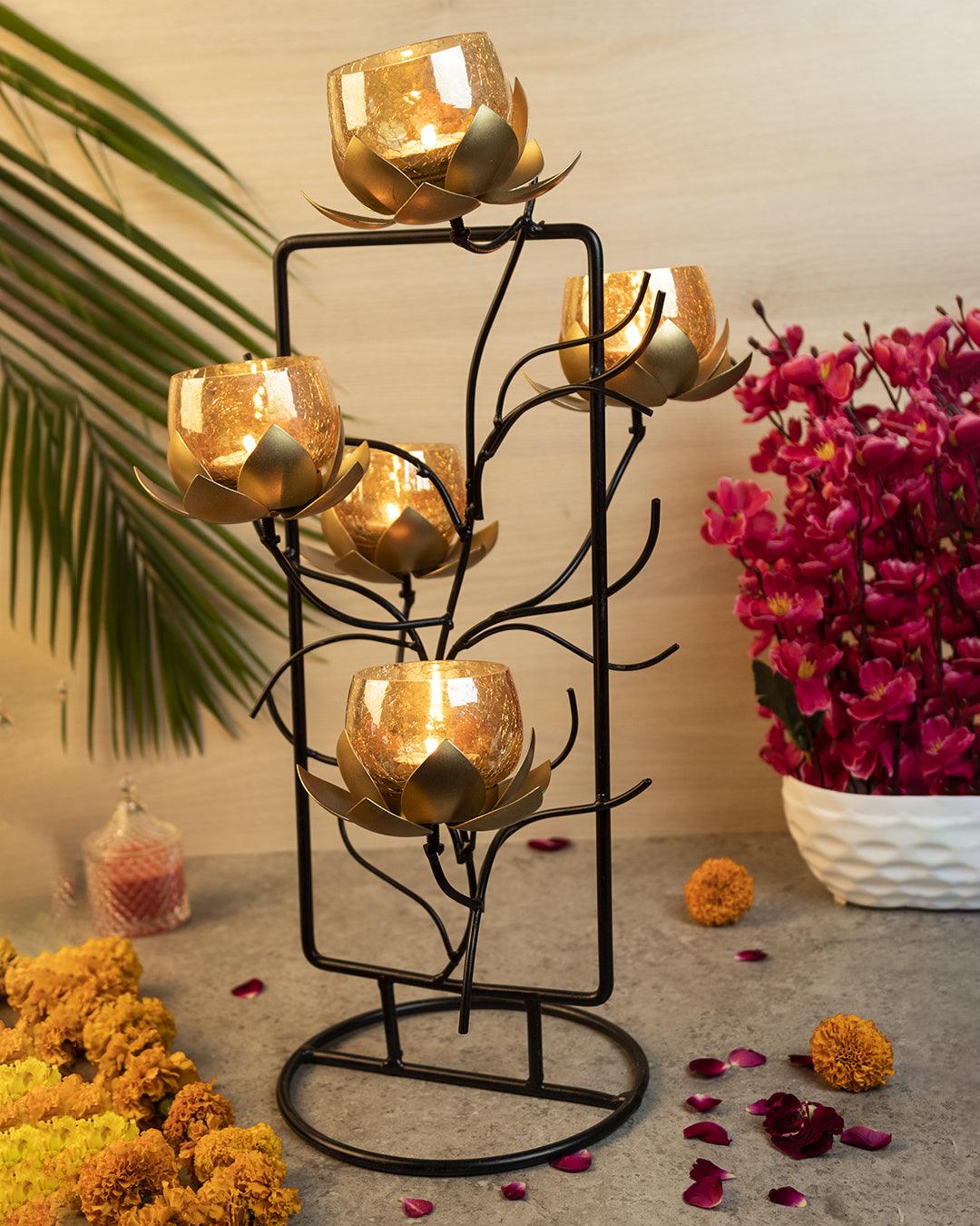 Lighting Lotus T-Light Holder & Stand with 5 Votives, Black & Golden, Iron - MARKET 99