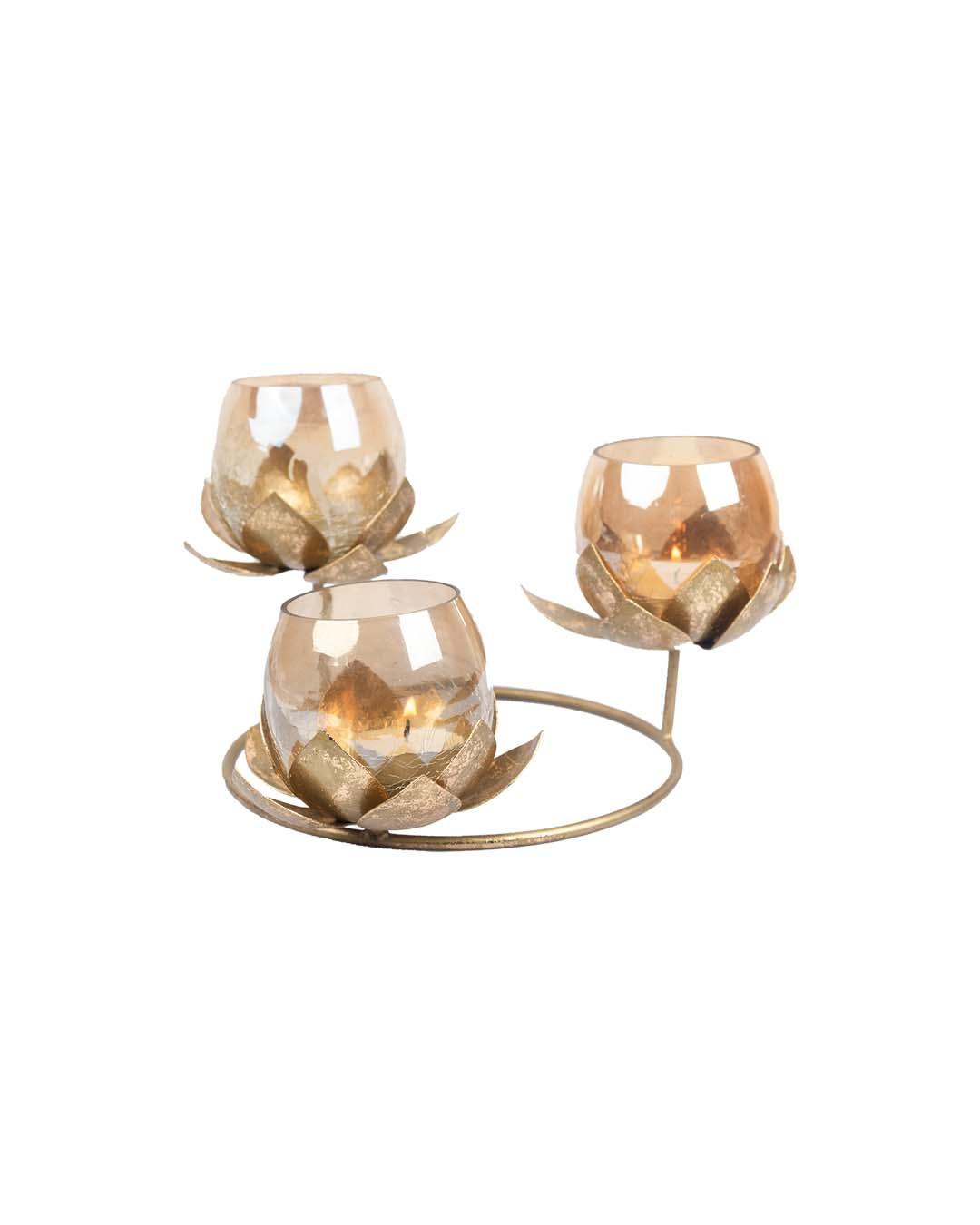 Lighting Lotus Votives T-Light Holder with Stand, 3 Votives, Golden, Iron - MARKET 99